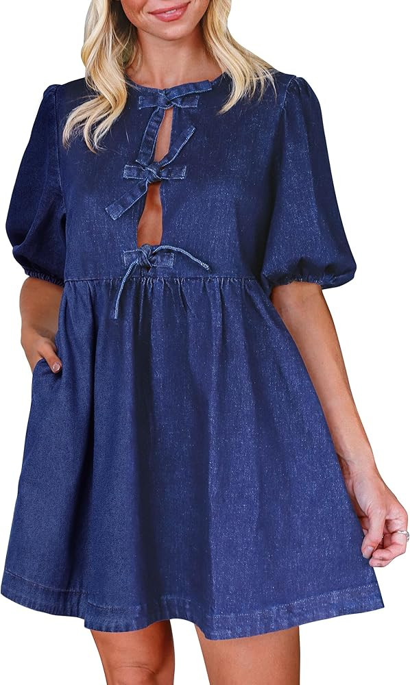 Qazel Vorrlon Denim Dress for Women Puff Short Sleeve Babydoll Jean Romper Pockets Summer Casual ... | Amazon (US)