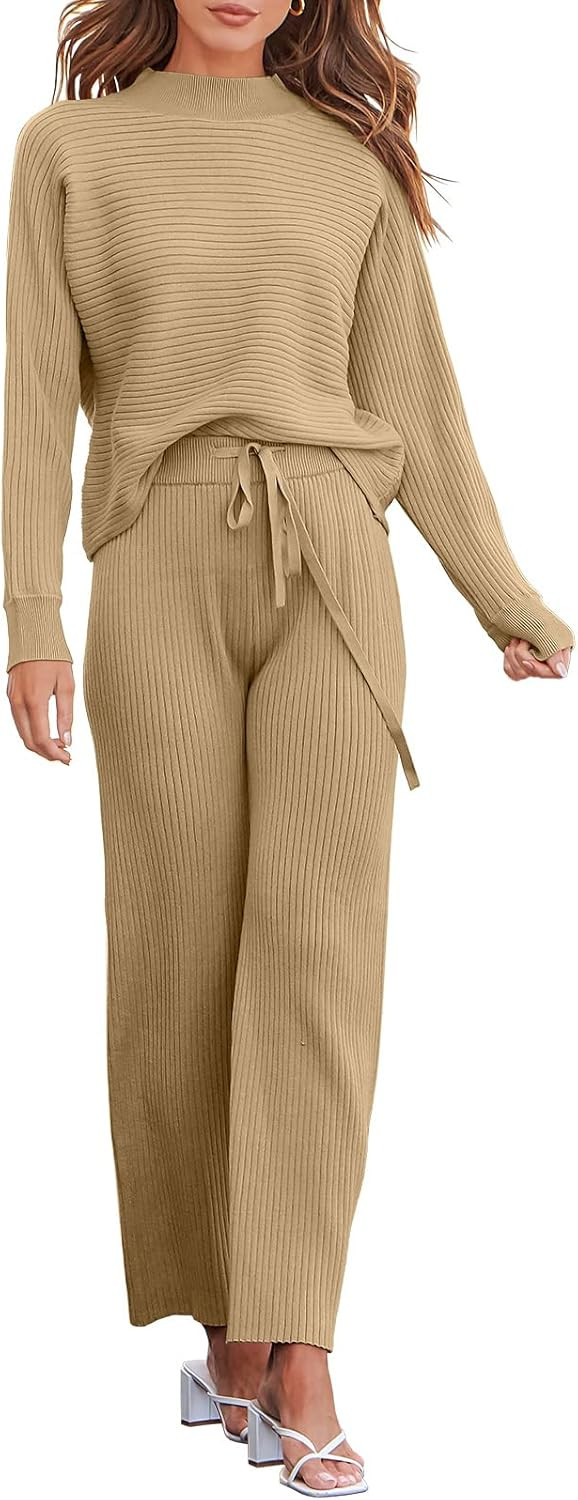 ANRABESS Women's Two Piece Outfits Batwing Long Sleeve Crop Top & Ribbed Knit Wide Leg Pants Loun... | Amazon (US)