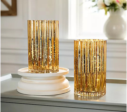 Set of 2 Illuminated Mercury Glass Hurricanes by Valerie | QVC
