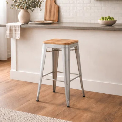 Wooden Top Metal Stool | Silver | Mango Wood | 12.5x12.5x30 | Wayfair North America