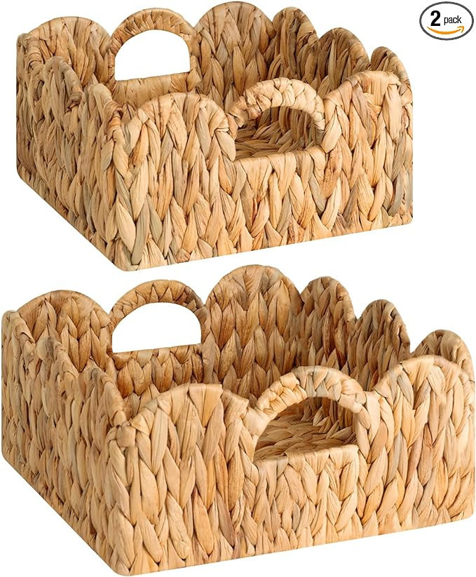 StorageWorks Wicker Storage Baskets, Wicker Basket for Shelves, Scalloped Edge Organizing with Ha... | Amazon (US)