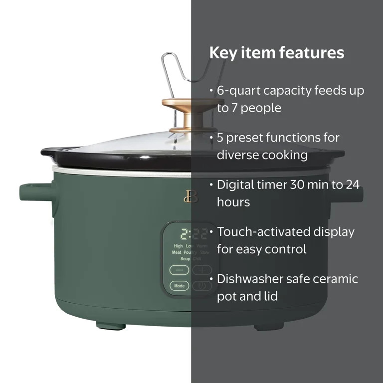 Beautiful 6 Qt Programmable Slow Cooker, Thyme Green by Drew Barrymore | Walmart (US)