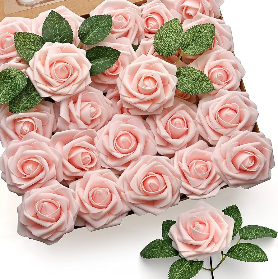 Mocoosy 50Pcs Artificial Rose Flowers, Blush Pink Roses Realistic Foam Fake Rose Bulk with Stem f... | Amazon (US)