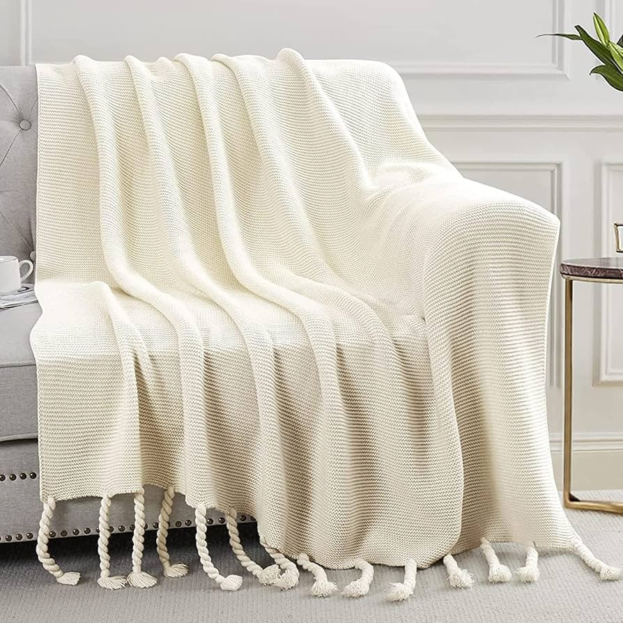 Aormenzy Beige Throw Blanket with Tassels, Oversized Knitted Throw Blanket for Couch Bed Sofa, 60... | Amazon (US)