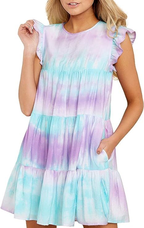IHOT Women's Summer Casual Babydoll Mini Dress Ruffle Sleeve Round Neck Loose Flowy Short Tunic D... | Amazon (US)