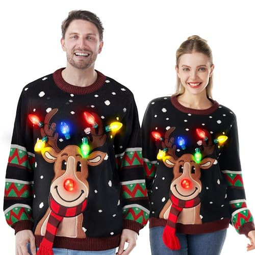 JOYIN Womens LED Light Up Christmas Sweater, Reindeer Christmas Ugly Sweater with Light Bulbs-Black | Amazon (US)