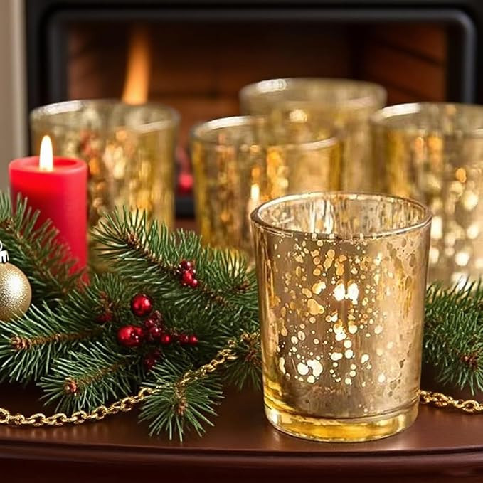 Gold Mercury Votive Candle Holders 12 Pcs Votives Glass Table Wedding Decorations (12, 2.7" x 2.1... | Amazon (US)