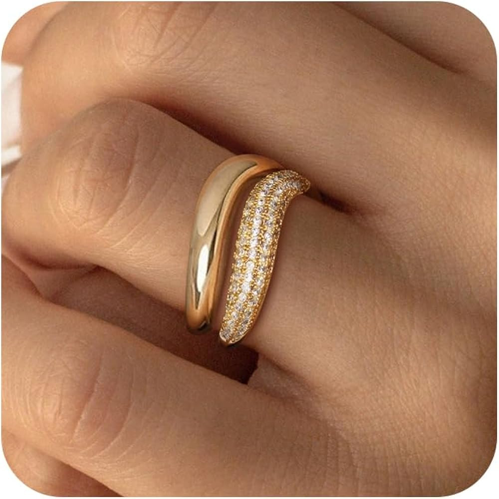 2 PCS Gold Rings for Women 14k Gold Plated Cubic Zirconia Ring Stackable Wave Dainty Eternity Ban... | Amazon (US)