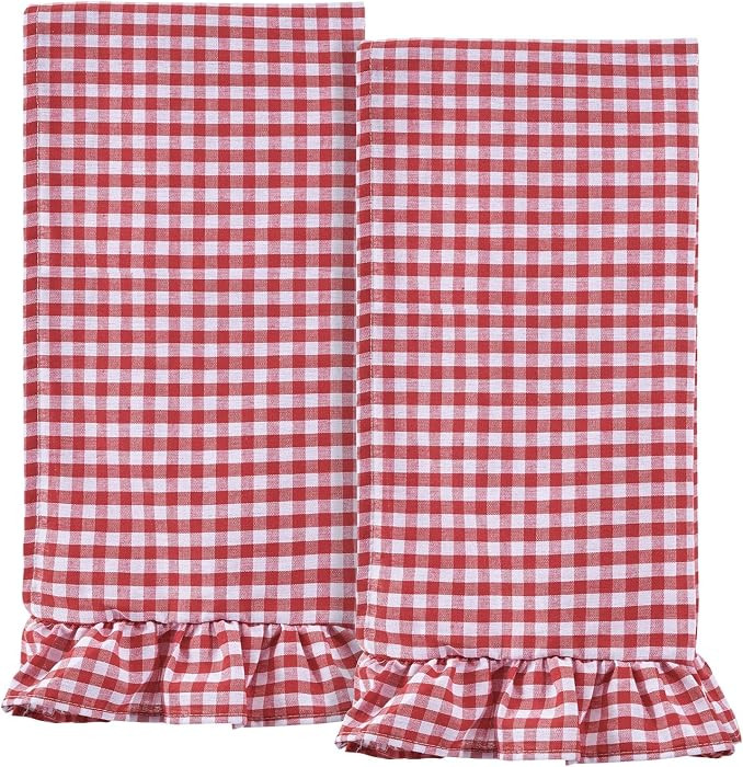 2 PCS Ruffled Gingham Dish Towels Red White Checkered Kitchen Hand Towels 26"x 18" Cotton Farmhou... | Amazon (US)