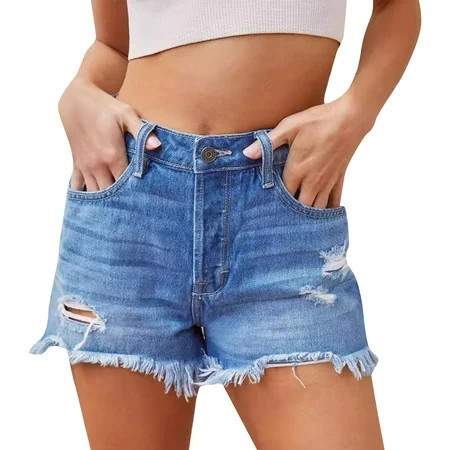 Biziza Womens Jean Shorts High Waisted Stretchy Frayed Raw Hem Distressed Ripped Cut Off Denim Jean Shorts with Pockets S-5XL | Walmart (US)