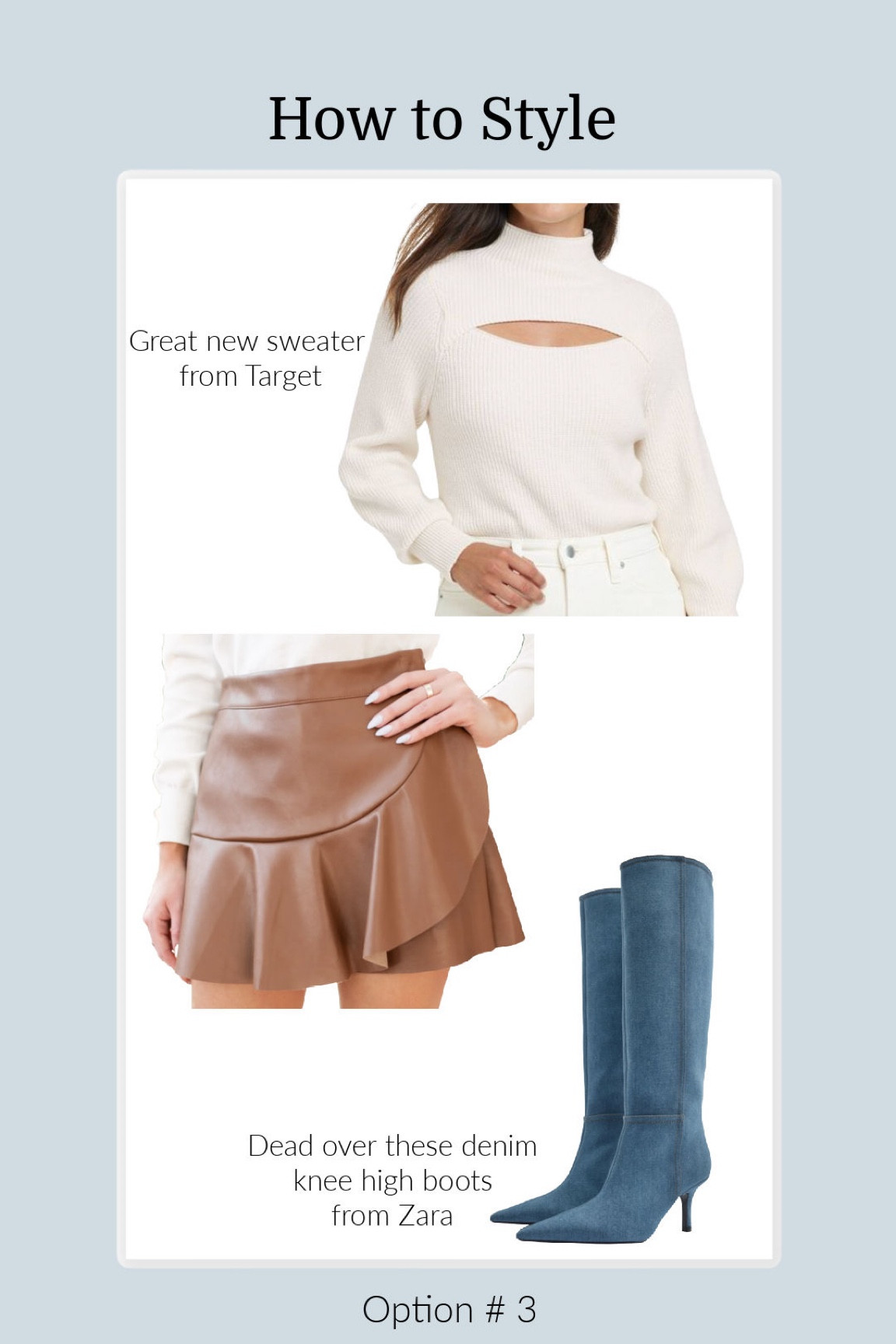 #fall #falloutfits #falloutfit #falloutfitinspo #cutouttop #cutoutsweater #leatherskirt #fauxleatherskirt #denimboots #fauxleather #newtarget #targetfashion #target #targetfinds 