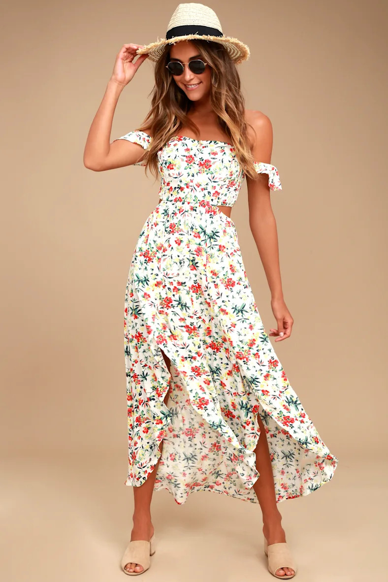 Easy on the Eyes Cream Floral Print Off-the-Shoulder Maxi Dress | Lulus (US)