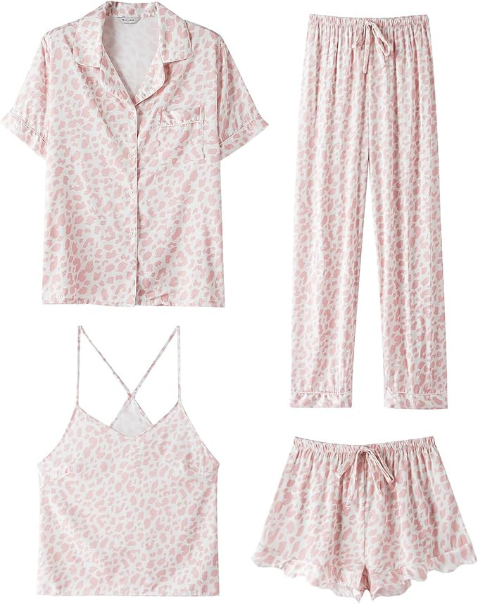 SAPJON Silk Pajamas for Women Set 4Pcs Ruffled Satin Pajamas Set Button Down Short Sleeve Cami Sh... | Amazon (US)
