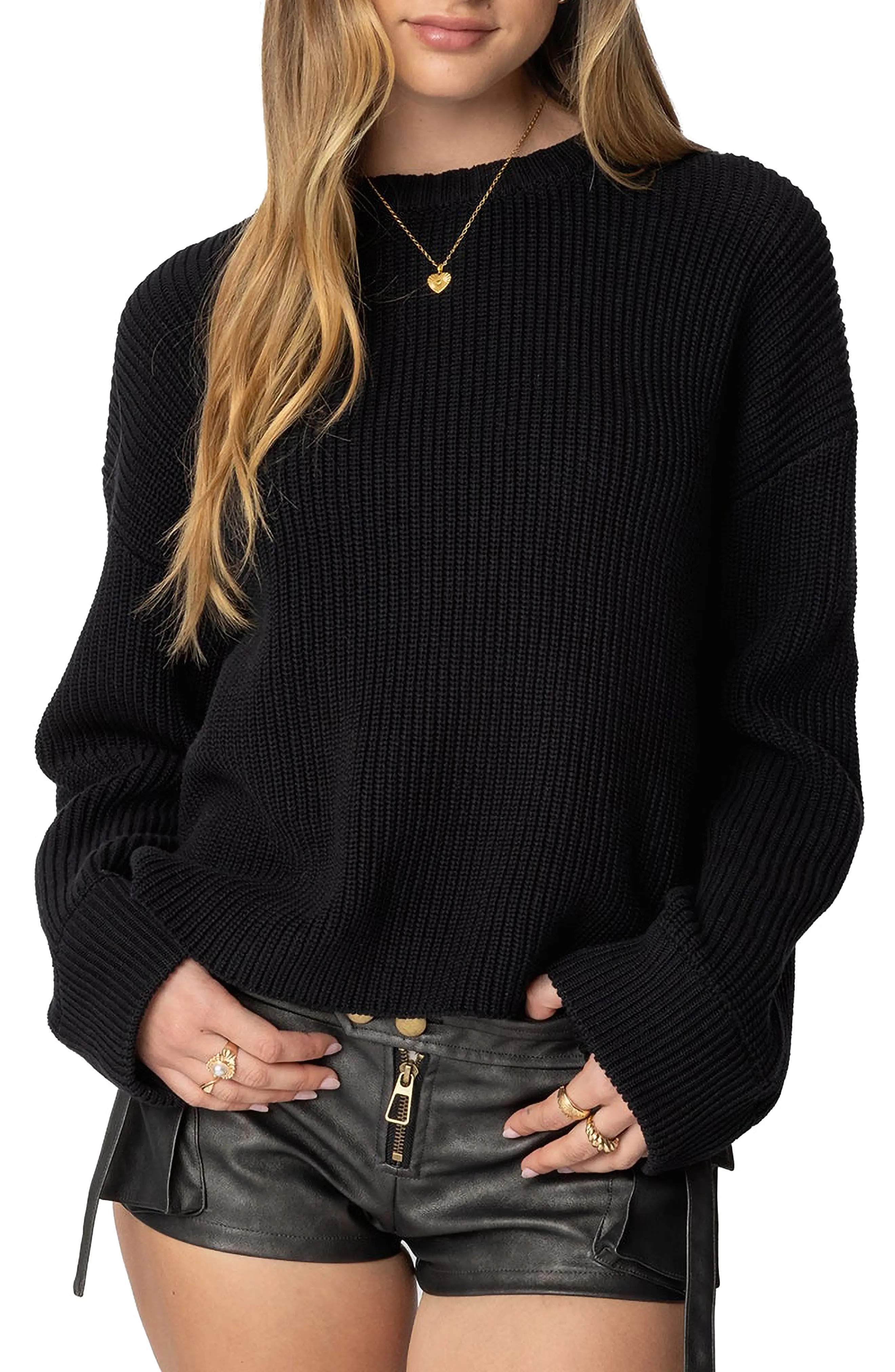 EDIKTED Marleen Oversize Crewneck Cotton Sweater in Black at Nordstrom, Size Large | Nordstrom