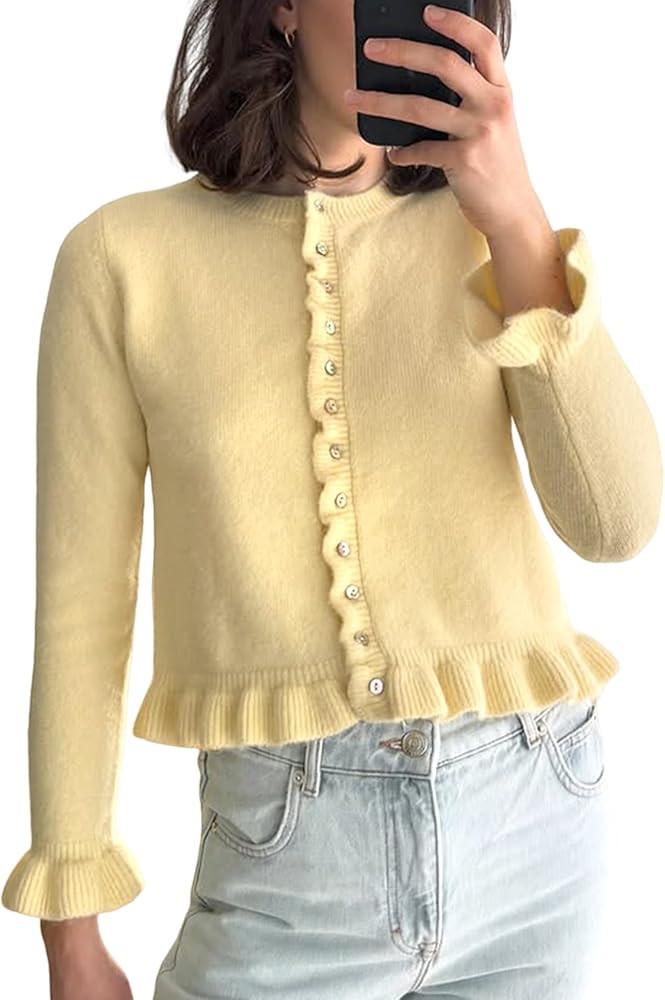 Wyeysyt Womens Cropped Cardigan Sweaters Ruffle Hem Crewneck Button Down Knit Fall Sweater Long S... | Amazon (US)