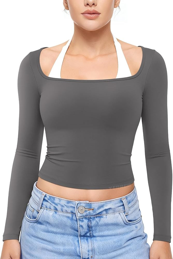 YEOREO Long Sleeve Workout Tops for Women Square Neck Slim Fitted Double Lined Compression Shirt ... | Amazon (US)