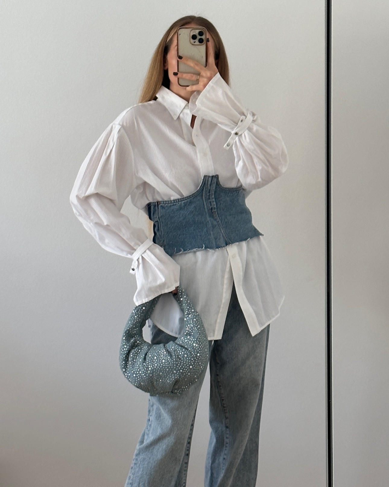denim attire • wearing a flared denim pants, an oversized white shirt and a denim corsage, added a denim bag and denim heels #denim #denimoutfit 

#LTKFashionMonth #LTKeurope #LTKdeutschland