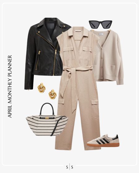 Monthly outfit planner: APRIL: Spring looks | jumpsuit, leather jacket, sneakers, canvas tote 

Weekend outfit, casual chic style

See the entire calendar on thesarahstories.com ✨ 

#LTKstyletip