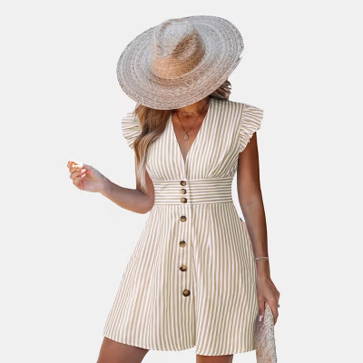 Women's Striped Button-Down Ruffle Sleeve Dress - Cupshe-XL-Beige | Target