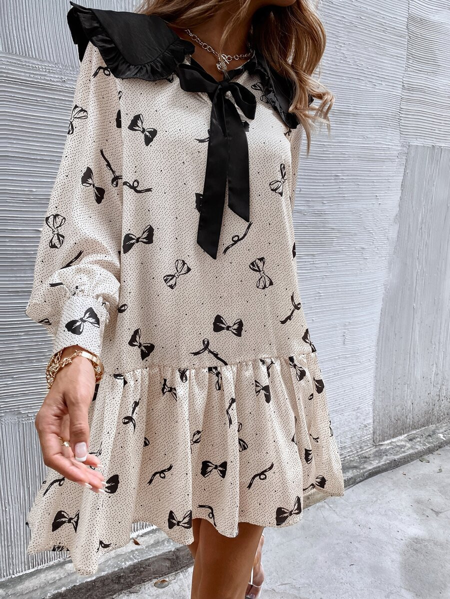 Bow Print Statement Collar Smock Dress | SHEIN
