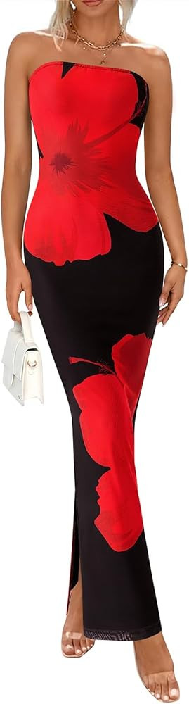 PRETTYGARDEN Strapless Bodycon Floral Maxi Summer Dresses for Women 2025 Elegant Classy Tube Top ... | Amazon (US)