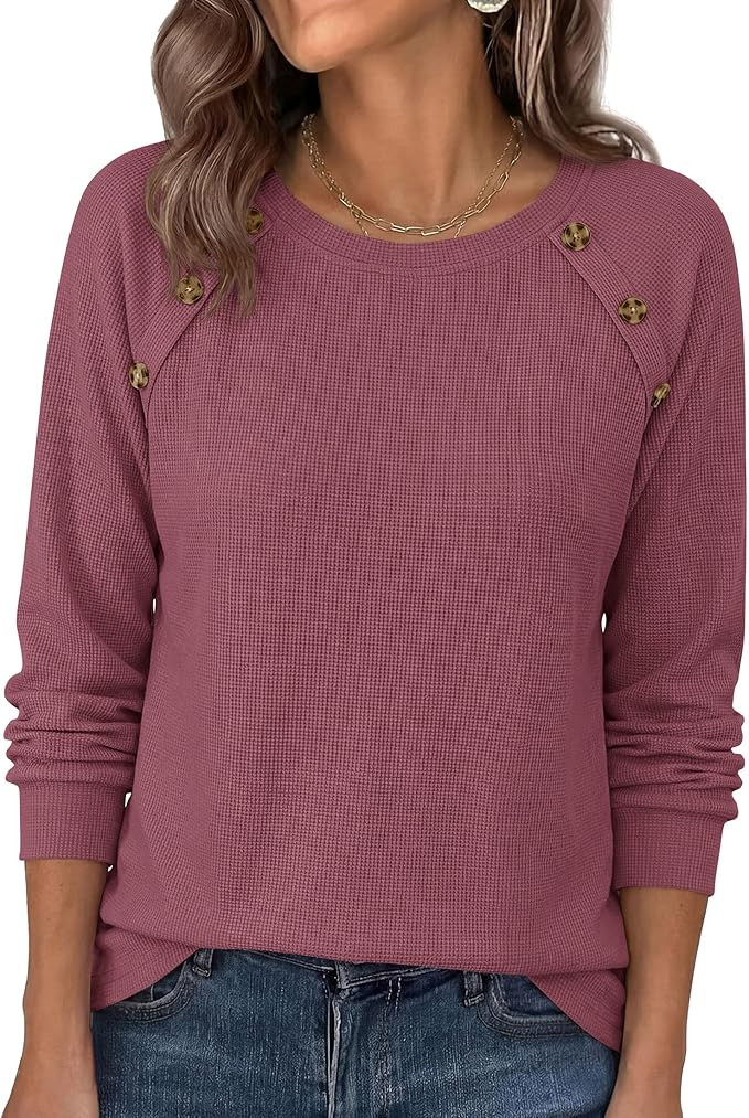 PRETTYGARDEN Fall Long Sleeve Waffle Knit Shirts for Women | Soft Stretchy Tops, Casual Crew Neck... | Amazon (US)