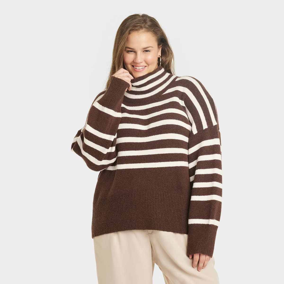 Women's Mock Turtleneck Pullover Sweater - A New Day™ Brown Striped XXL | Target