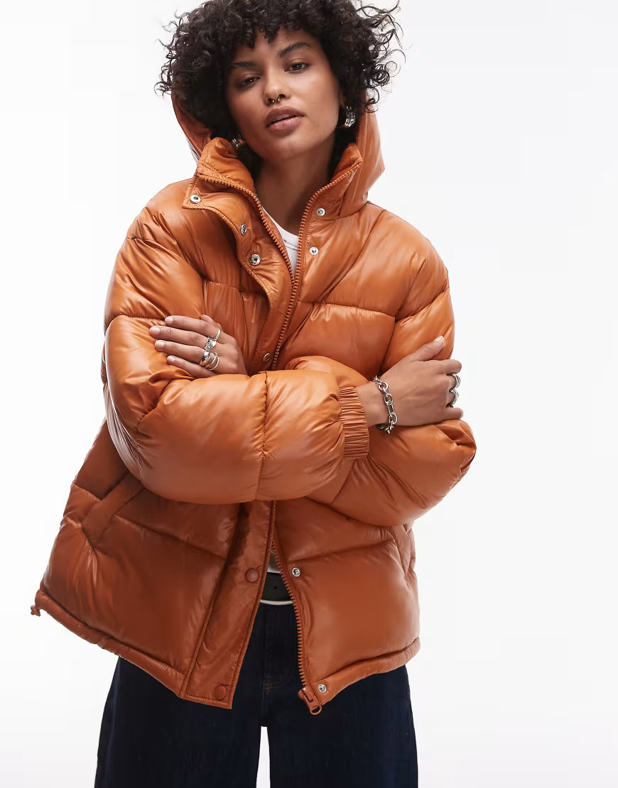 Topshop hooded mid puffer jacket in burnt orange | ASOS (Global)