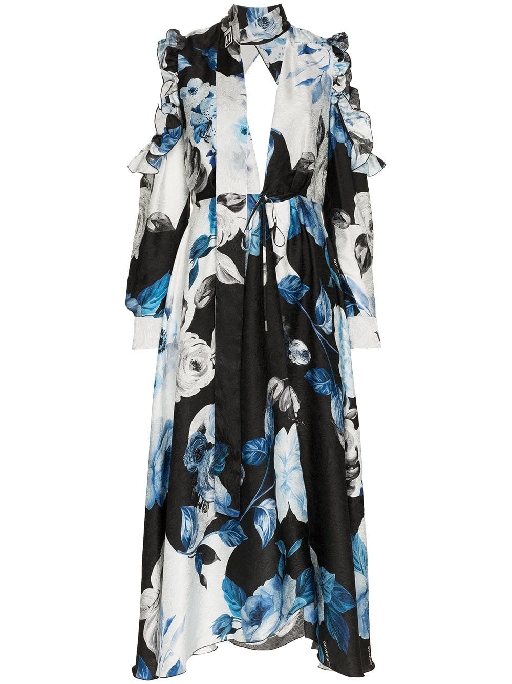 Off-White Floral Flared Silk Midi Dress | Blue | FARFETCH | Farfetch Global