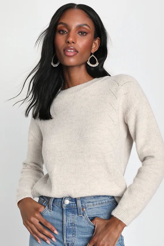 Casually Cuddly Heather Ivory Pointelle Pullover Sweater | Lulus