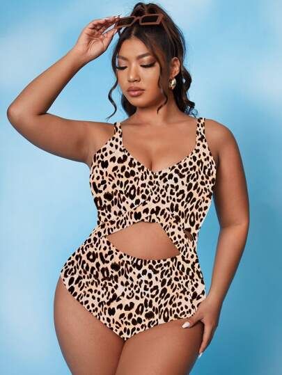 Plus Leopard Print Cut Out One Piece Swimsuit | SHEIN
