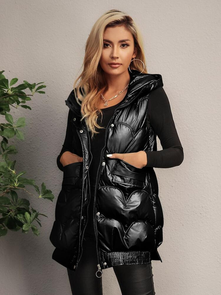 Apperloth A Sleeveless Patent Hooded Puffer Coat | SHEIN