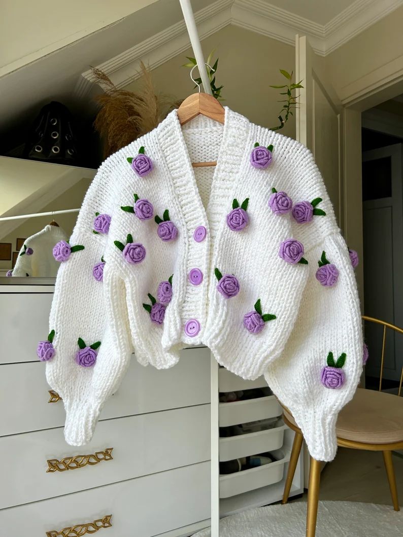Leilayca First Love Lilac Cardigan , Chunky Cropped Cardigan for Woman , White Sweater With Lilac... | Etsy (US)