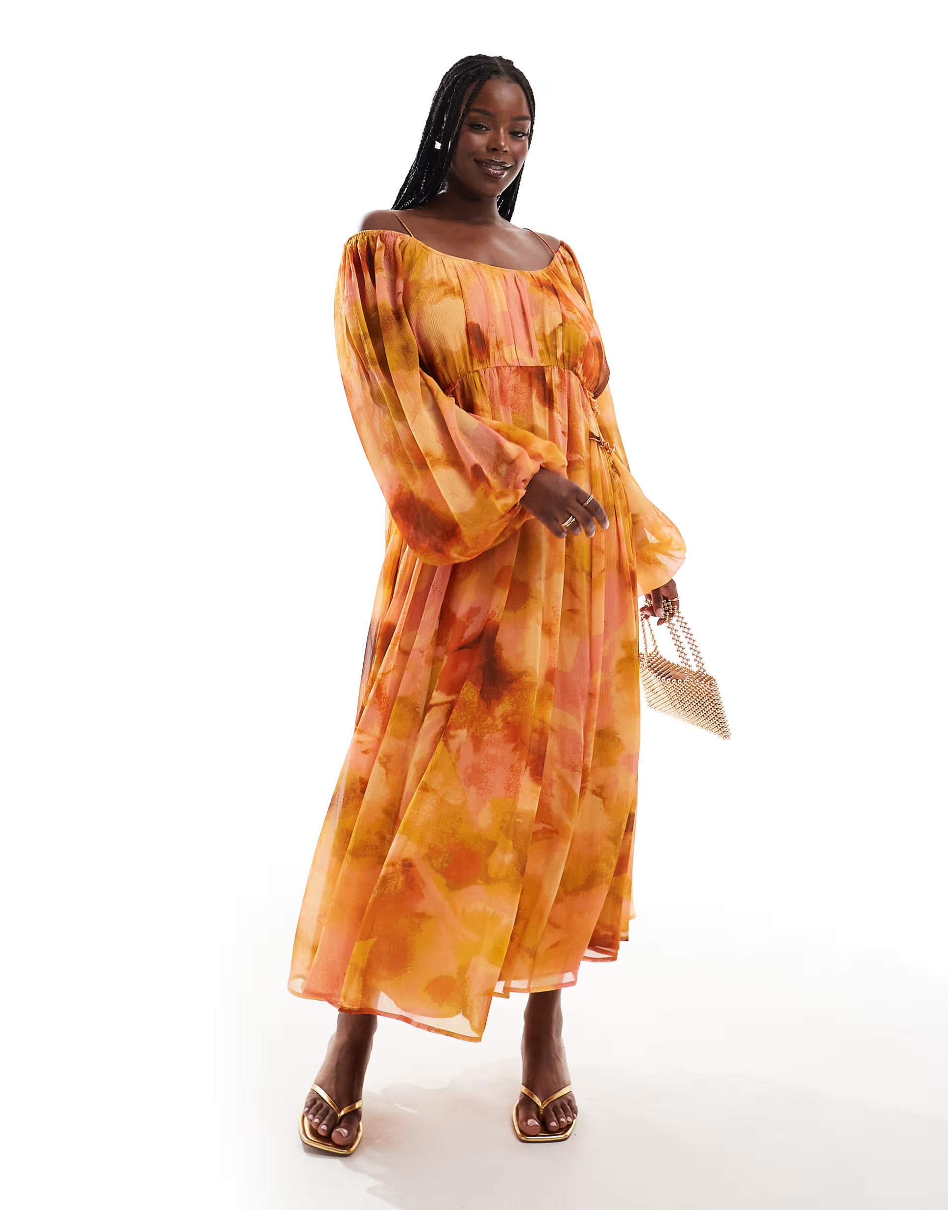 ASOS DESIGN Curve scoop neck shirred waist insert maxi dress in orange floral print | ASOS (Global)
