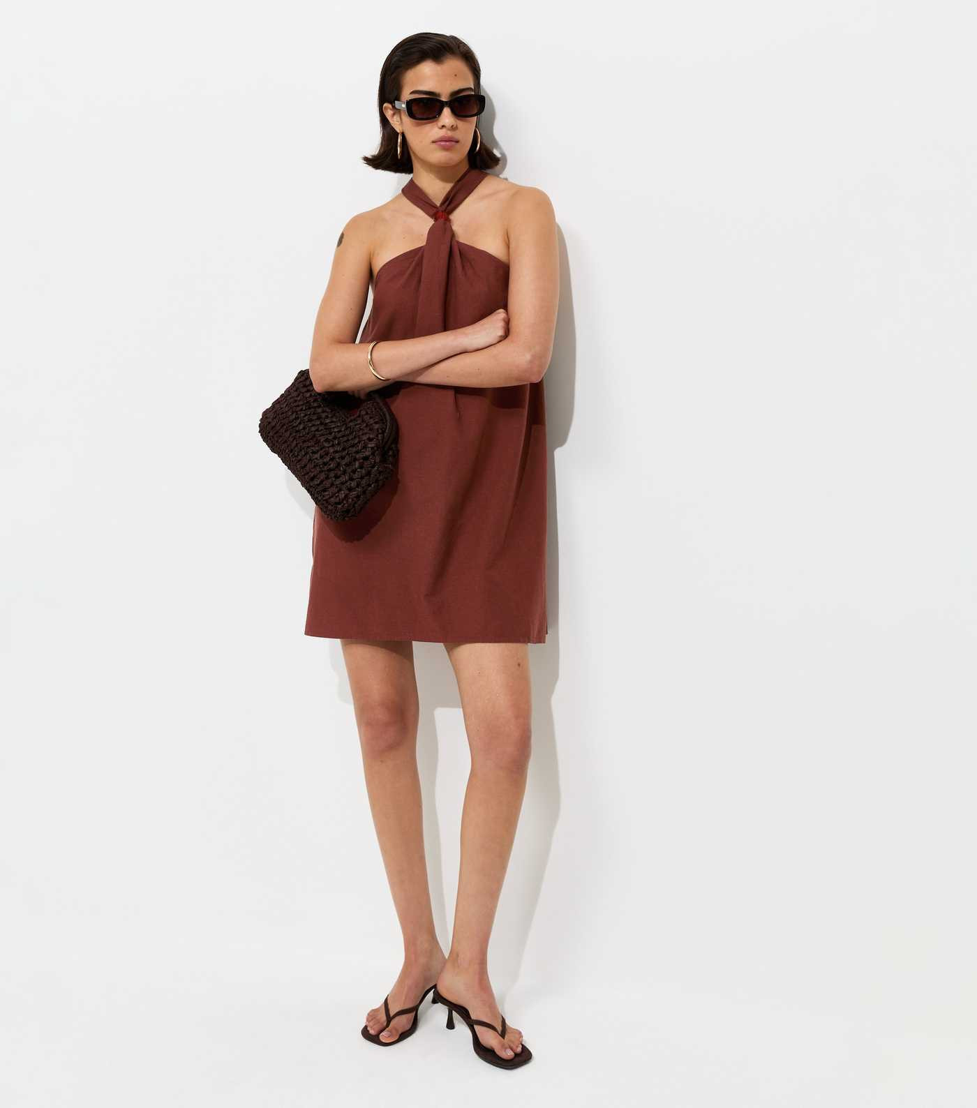 Dark Brown Cotton Rich Bead Halter Neck Mini Dress | New Look | New Look (UK)