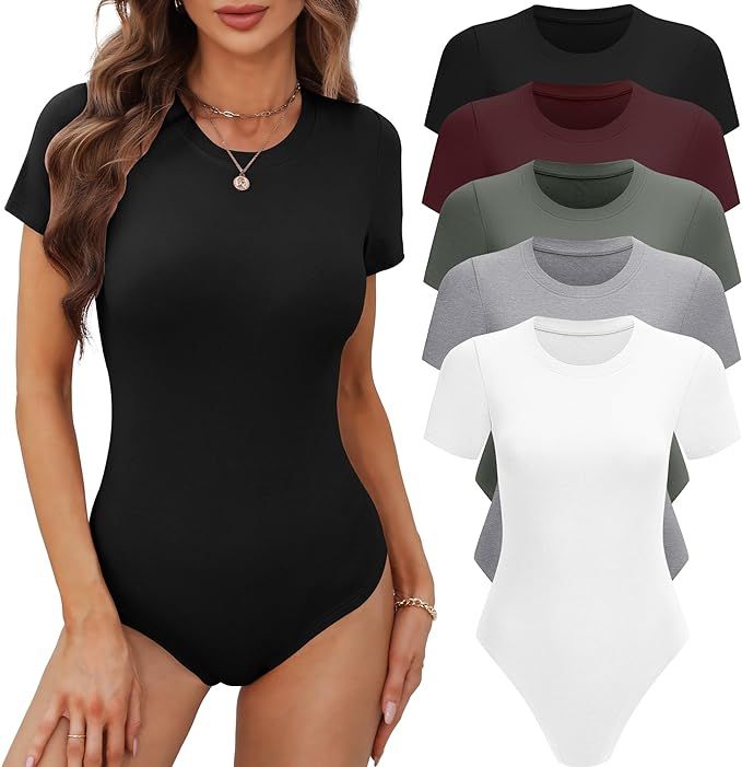 BALENNZ Women's 4/5 Pack Short Sleeve Round Neck Bodysuit Tops Crew Neck Basic Casual Tshirt Body... | Amazon (US)