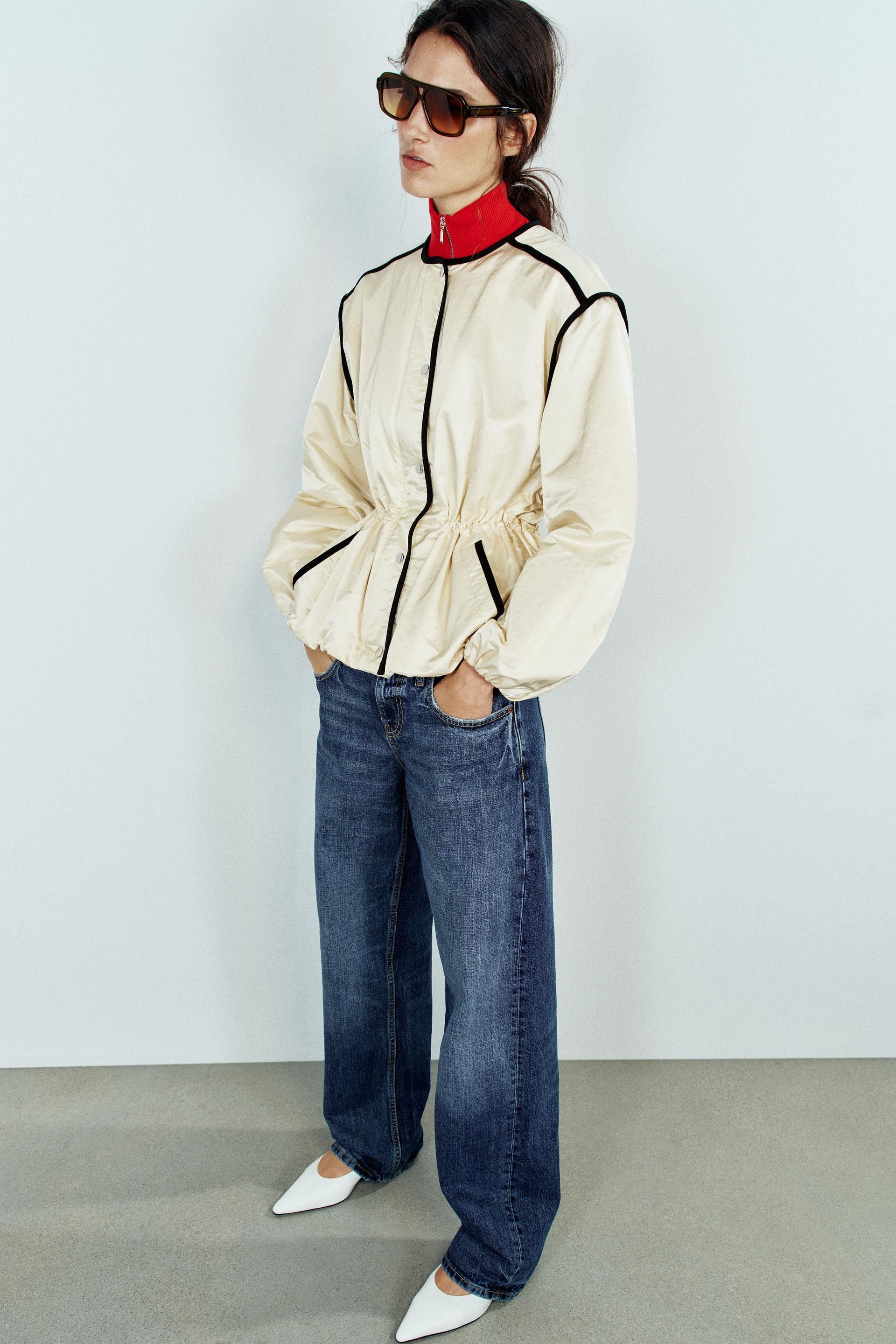 Zara - Satin Jacket With Contrast Piping - Ecru - S - Woman | Zara US