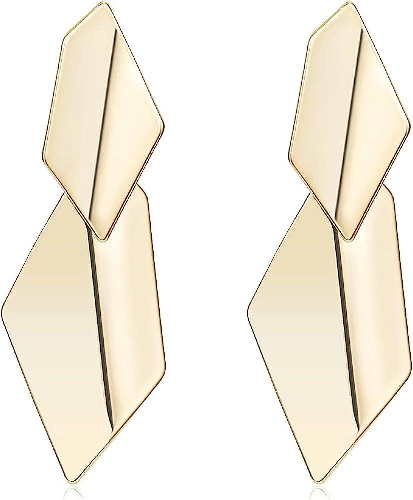 LEEKOO Geometric Diamond-Shaped Drop Dangle Earring 14K Gold Plated Bohemian Dangling Earrings Fo... | Amazon (US)