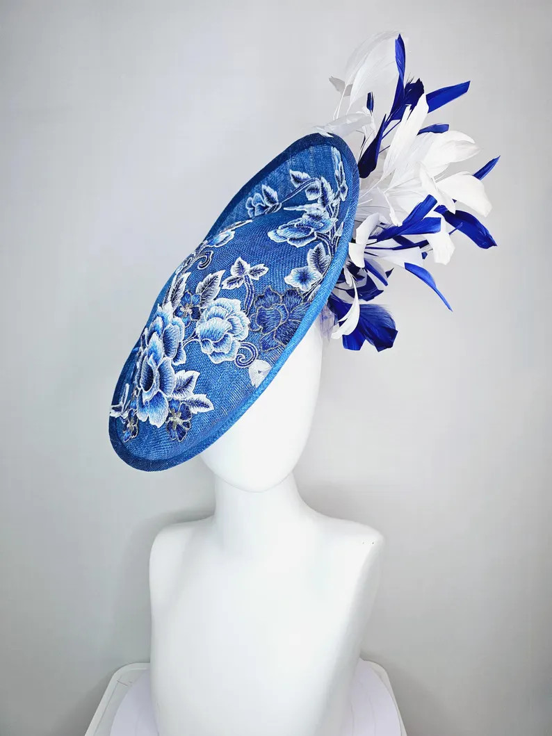 kentucky derby hat fascinator royal blue sinamay saucer with light sky navy blue embroidered flow... | Etsy (US)