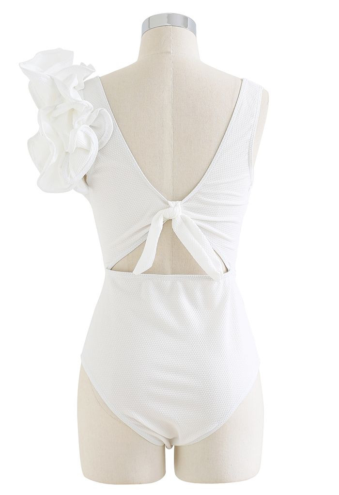 Solid White Ruffle Shoulder Cutout Swimsuit | Chicwish