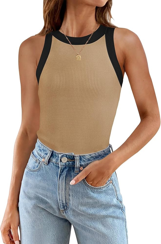 ZESICA Womens Summer Sleeveless Tank Tops Ribbed High Neck Racerback Slim Fitted Color Block Casu... | Amazon (US)