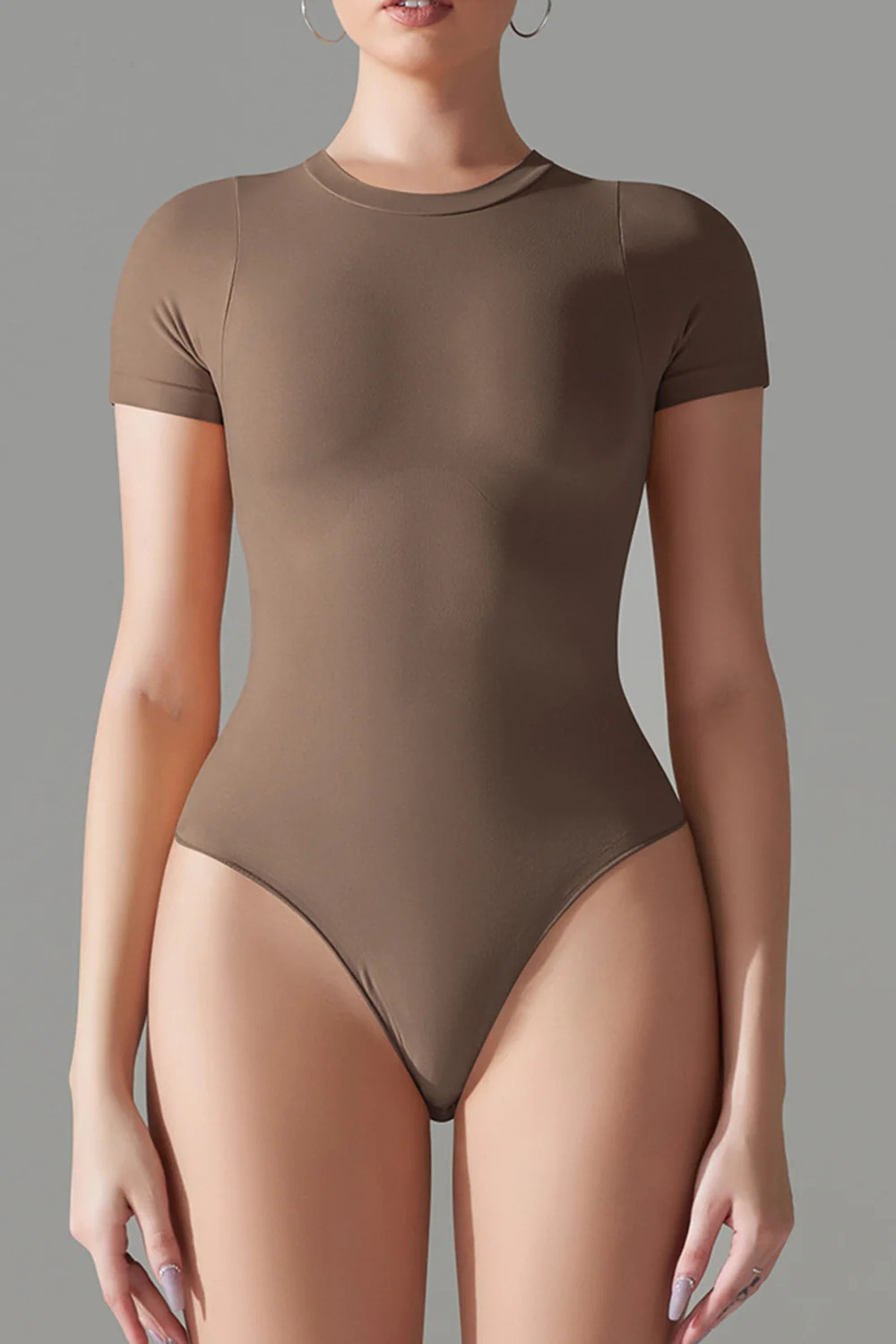 Round Neck Short Sleeve Active Bodysuit Chestnut / M | Casual Chic Boutique