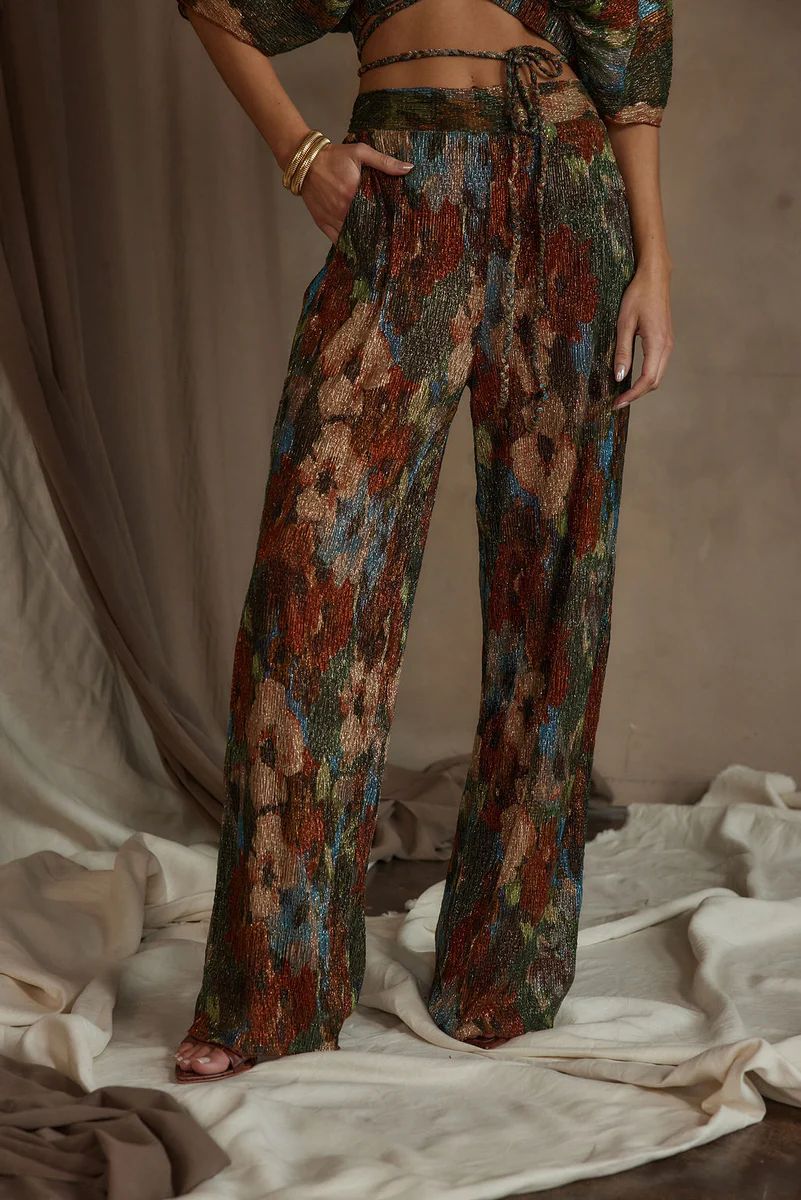 Kaia Multicolor Metallic Floral Pant | 12th Tribe