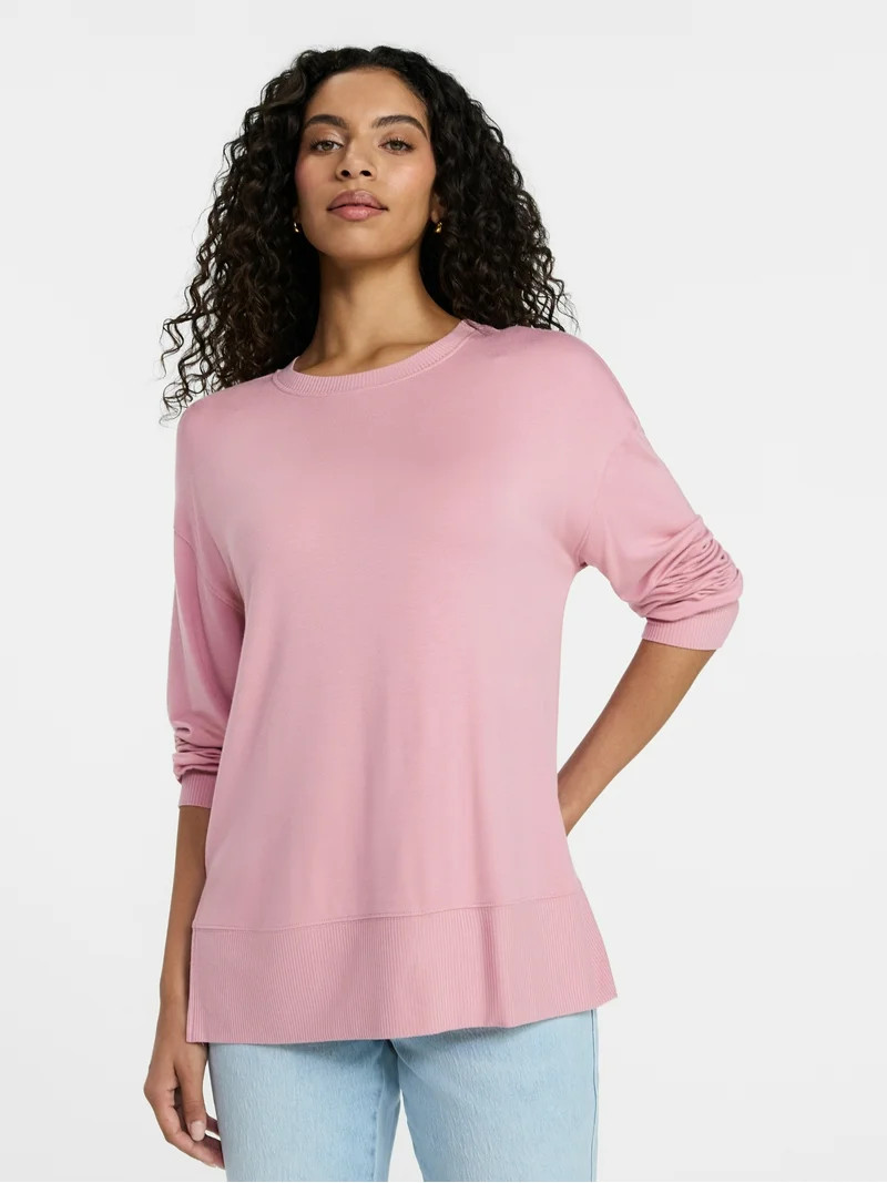 Time and Tru Women's French Terry Tunic Top with Long Sleeves, Sizes XS-XXXL | Walmart (US)