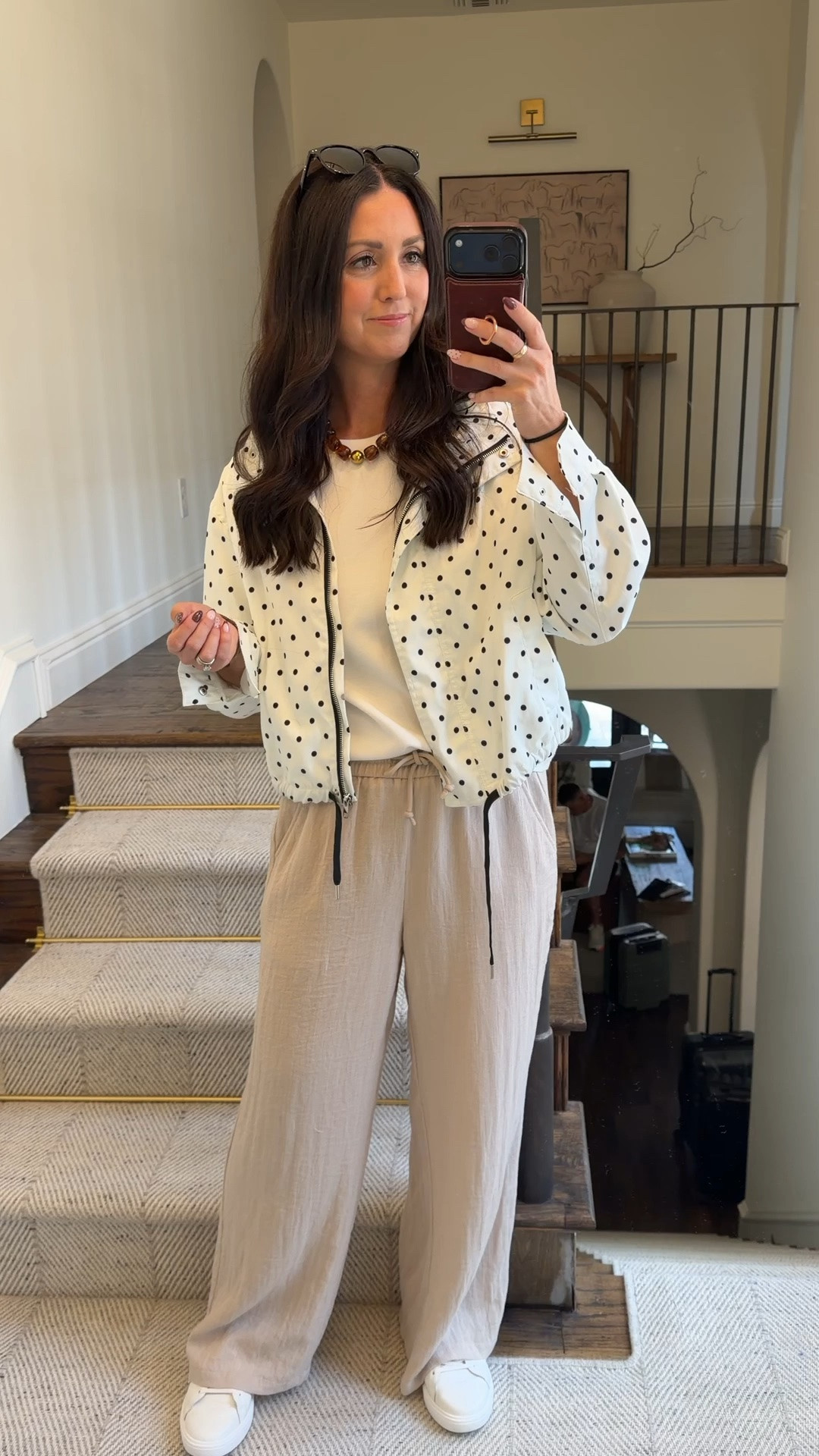 Off to Paris! Travel fit check. This is the only jacket I’m bringing on the trip, and I thought the polka dots were appropriate. Perfect travel pants. These have been my plane fit this summer.