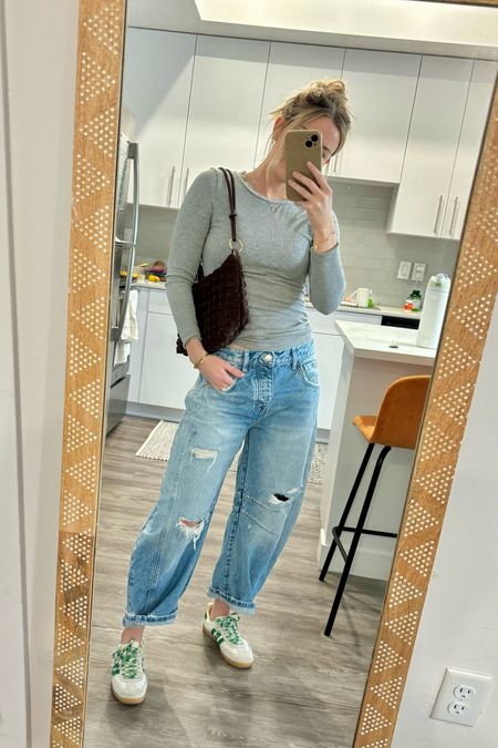 Sized up in barrel jeans, so they would sit more low rise. Wearing size 26! I love this ribbed long sleeve. I’ve been wearing it constantly, great staple! 

Barrel jeans outfit 

#LTKparties #LTKstyletip #LTKshoecrush