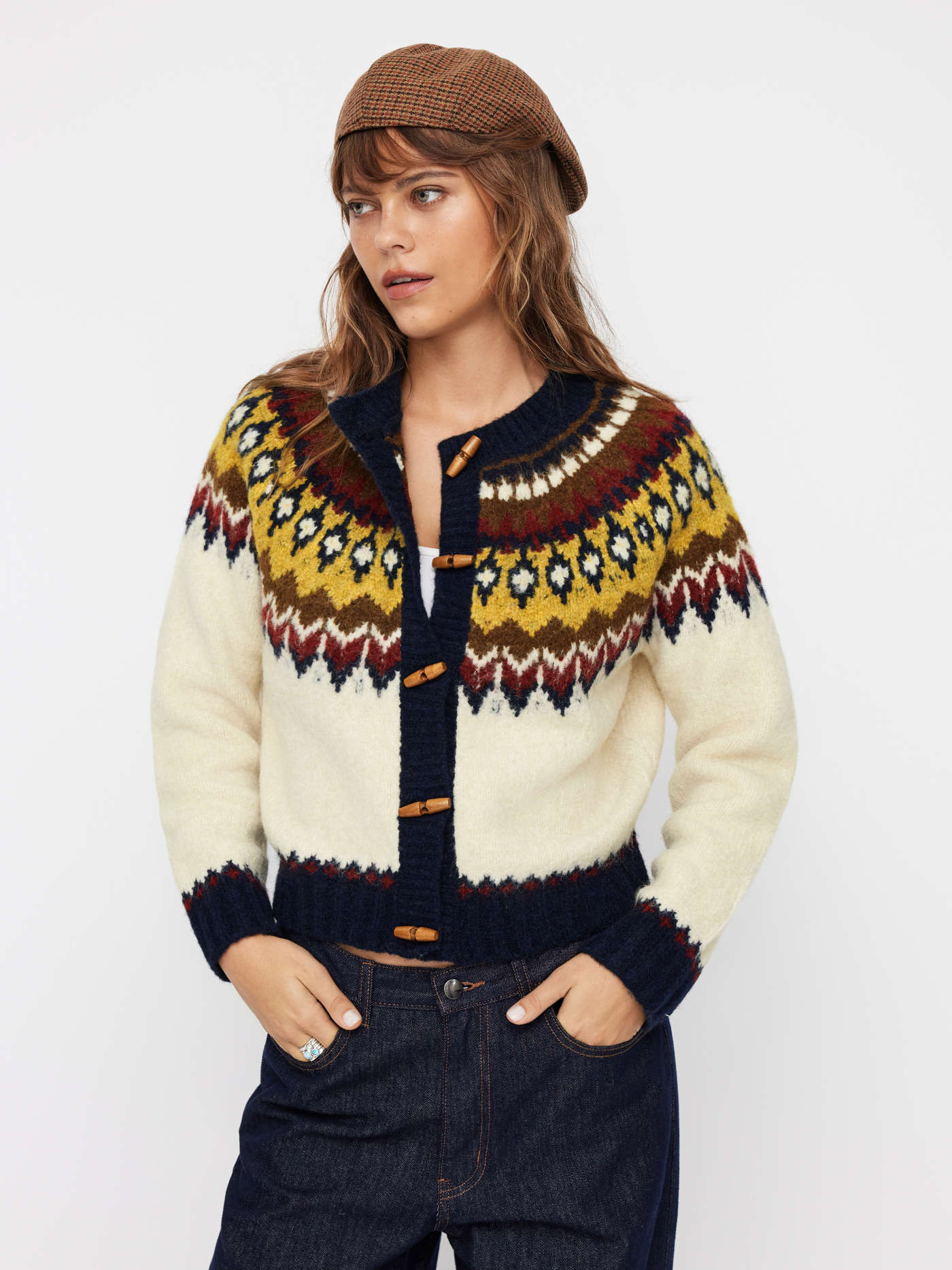 Knit Fabric Knit Wool-blend  Fair Isle Pattern Toggle Button Oversized Cardigan For Daily Casual | Cider