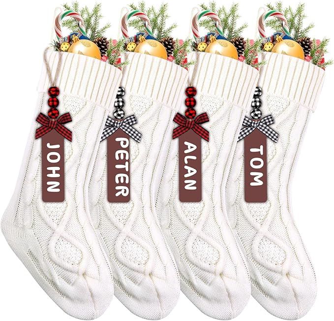 XIMISHOP 4PCS White Christmas Stockings, 18inch Large Personalized Cable Knitted Xmas Hanging Sto... | Amazon (US)