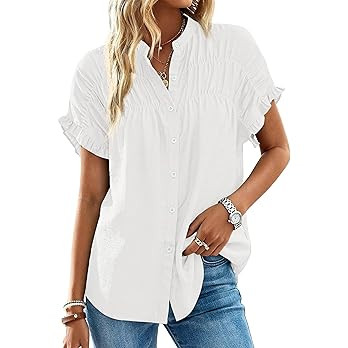 MASCOMODA Womens 2026 Button Down Shirts Ruffle Short Sleeve Loose Summer Tops Dressy Casual V Ne... | Amazon (US)