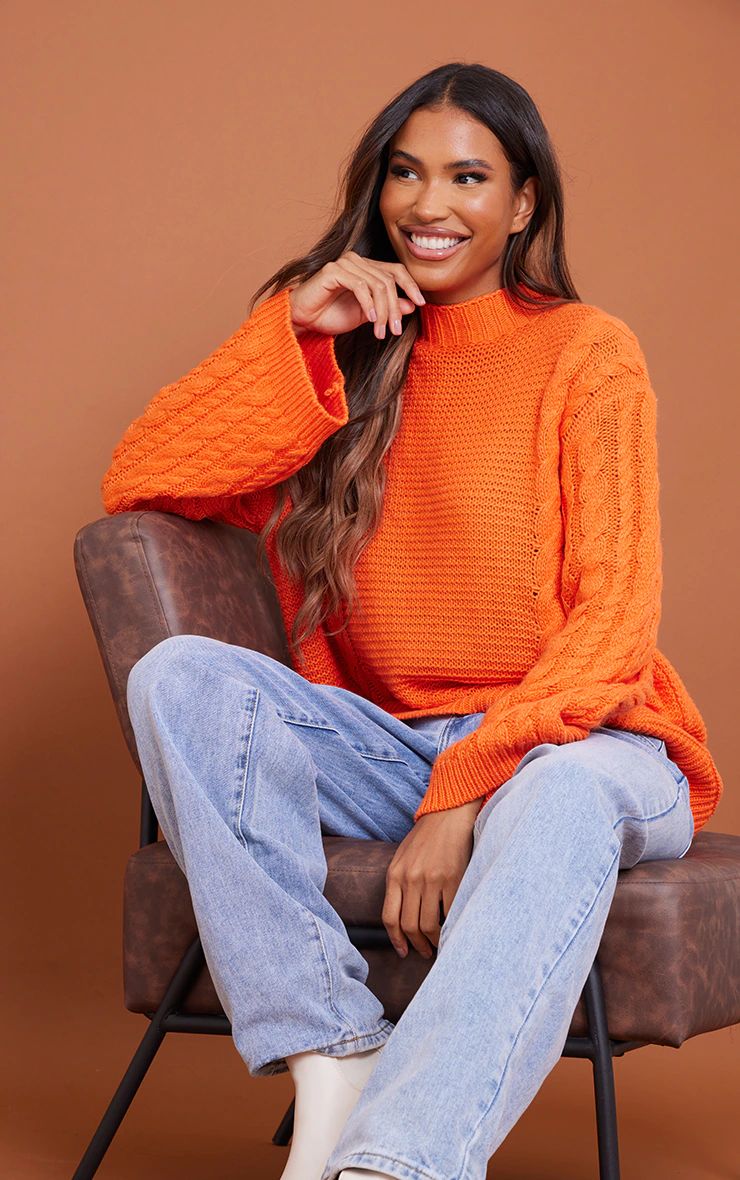 Orange Extreme Sleeve Cable Knit Oversized Sweatshirt | PrettyLittleThing US
